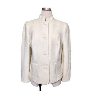 Talbots Womens 12P Wool Blend Ivory Jacket Blazer Pockets Stand-up Collar Office
